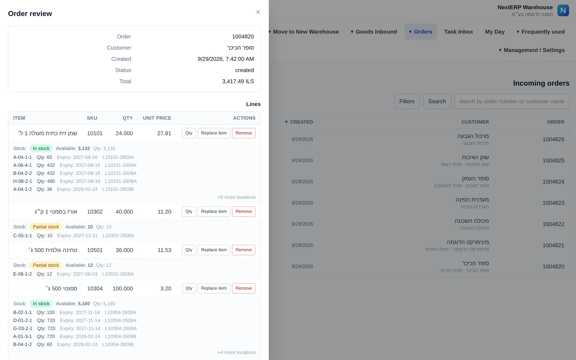 Order review in the warehouse: stock per line by location, batch and expiry, with two lines only partly in stock